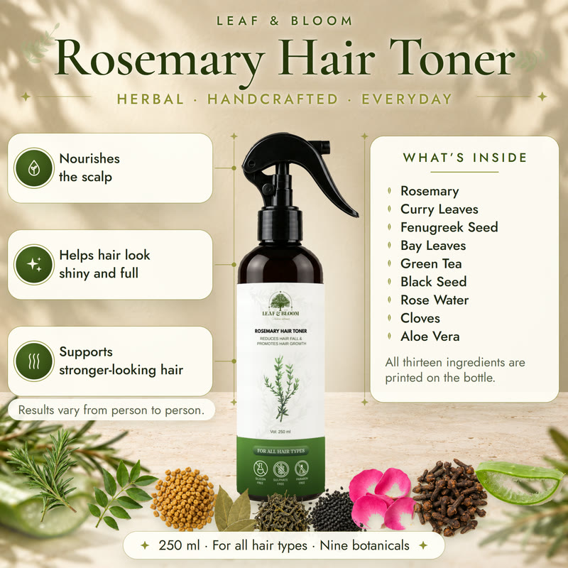 Leaf & Bloom Rosemary Hair Toner, a 250 ml spray bottle, on a stone table with rosemary, curry leaves, aloe vera, fenugreek and rose petals